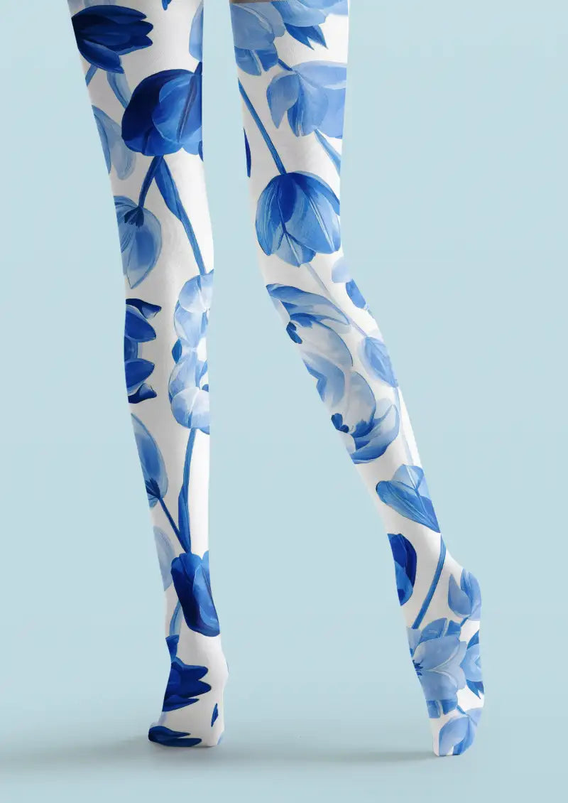 Blue Floral Print Tights Hosiery Pantyhose