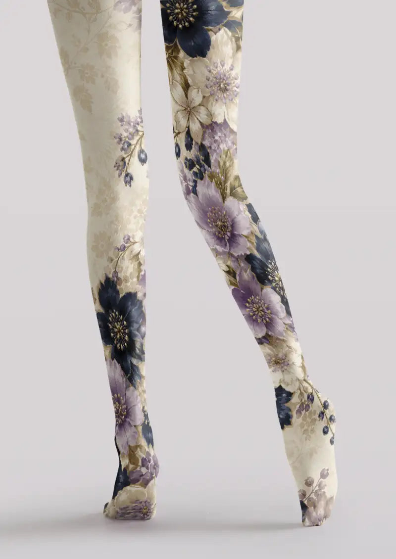Midnight Garden Floral Print Tights Hosiery Pantyhose