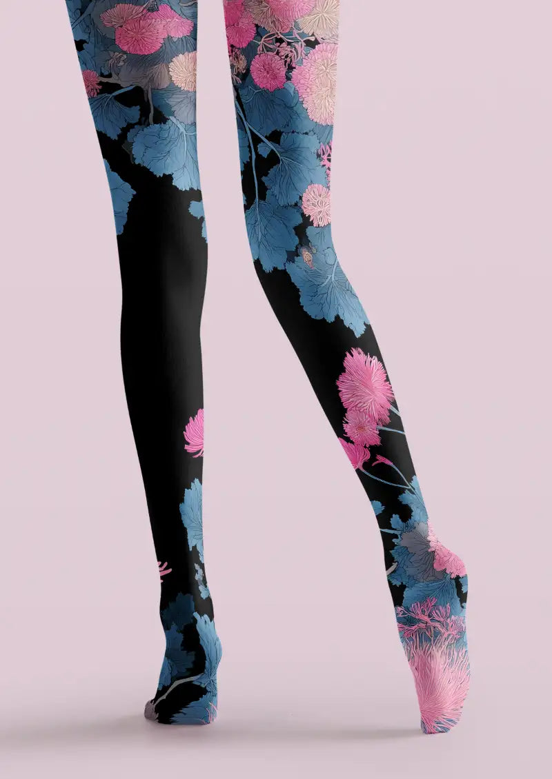 Midnight Floral Print Tights Hosiery Pantyhose