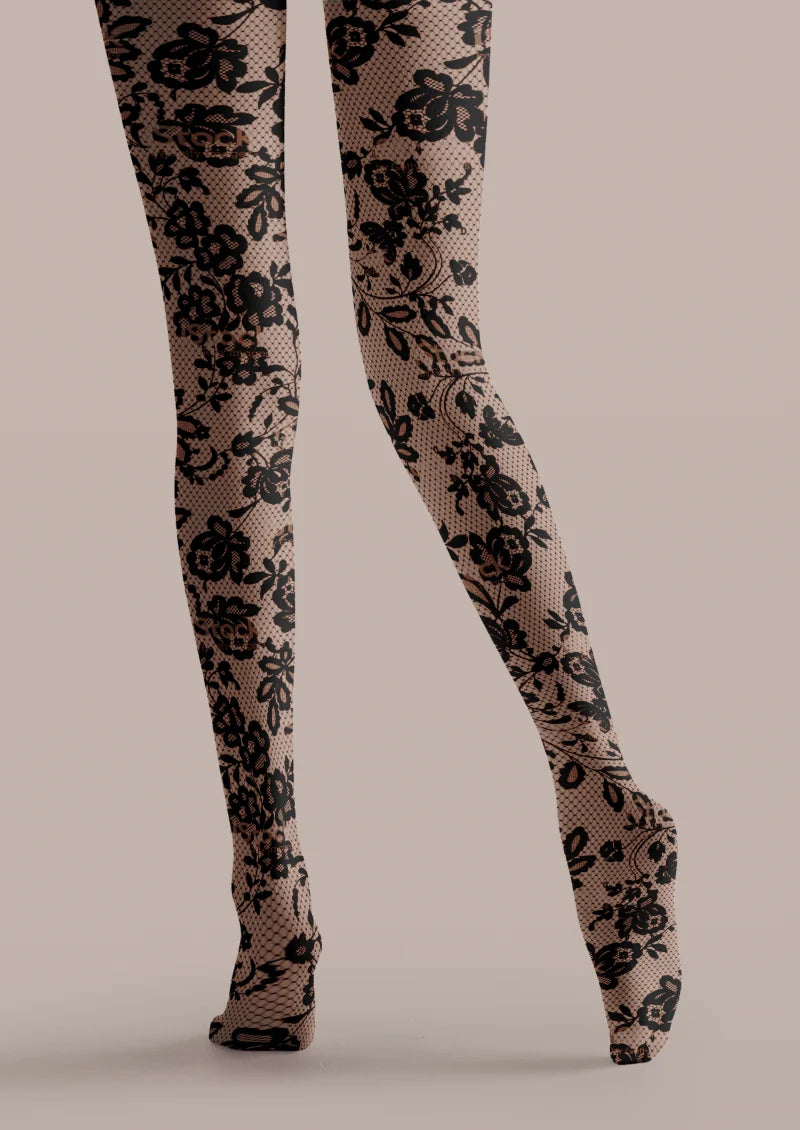 Black Rose Lace Print Tights