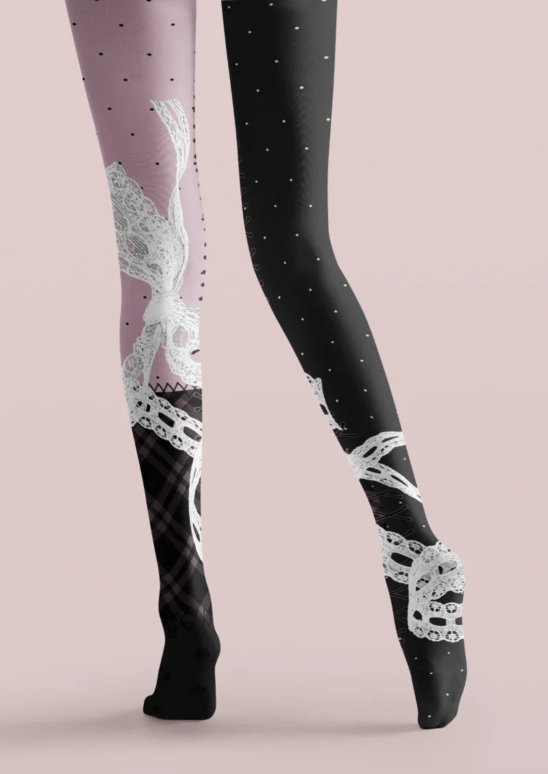 Black Pink Lace Bow Print Tights