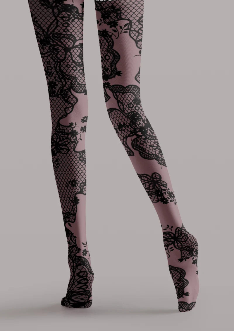 Purple Scalloped Lace Print Tights