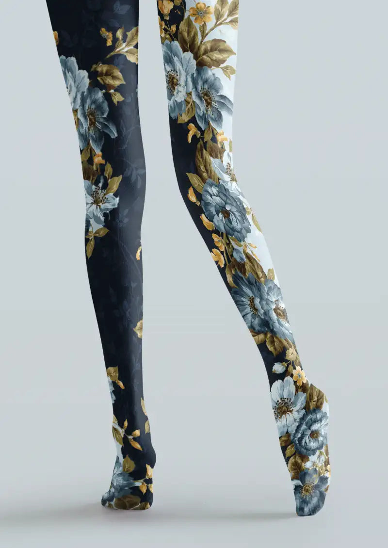 Blue Vintage Floral Print Tights Hosiery Pantyhose