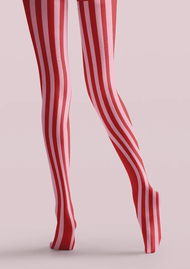 Red Pink Striped Bow Tights