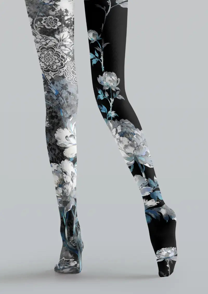 Black Blue Floral Tights