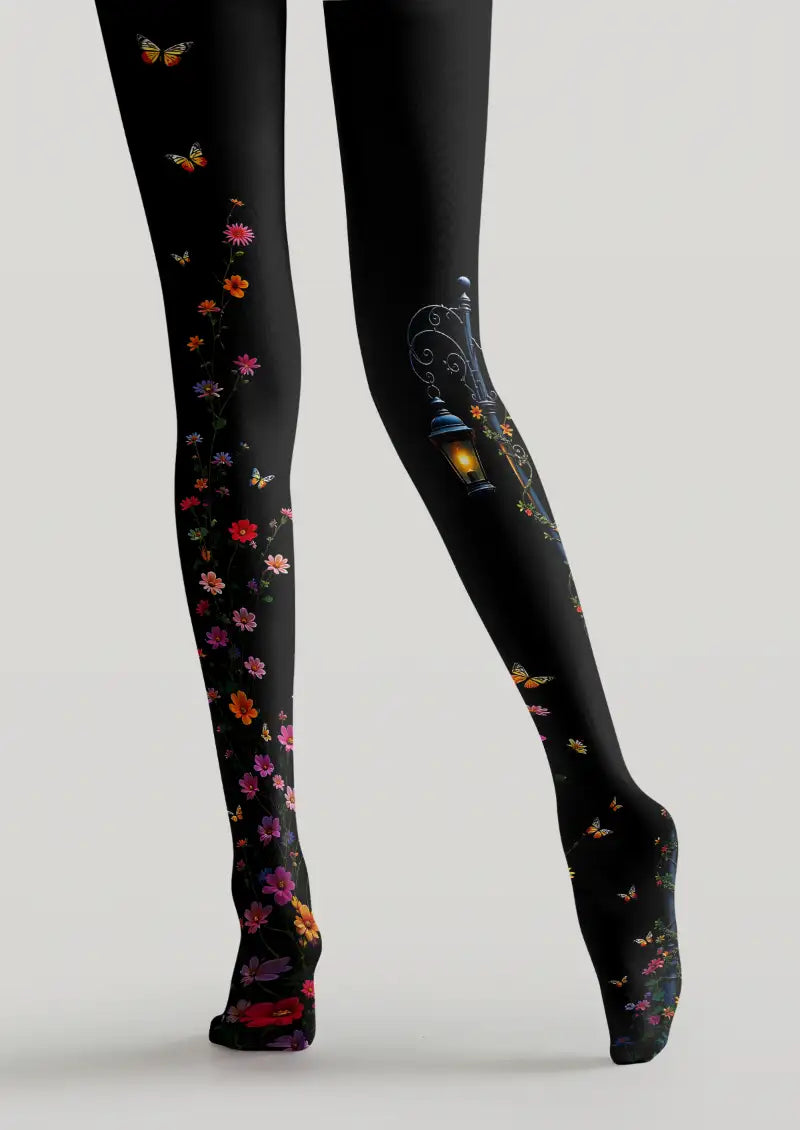 Black Floral Illustration Tights