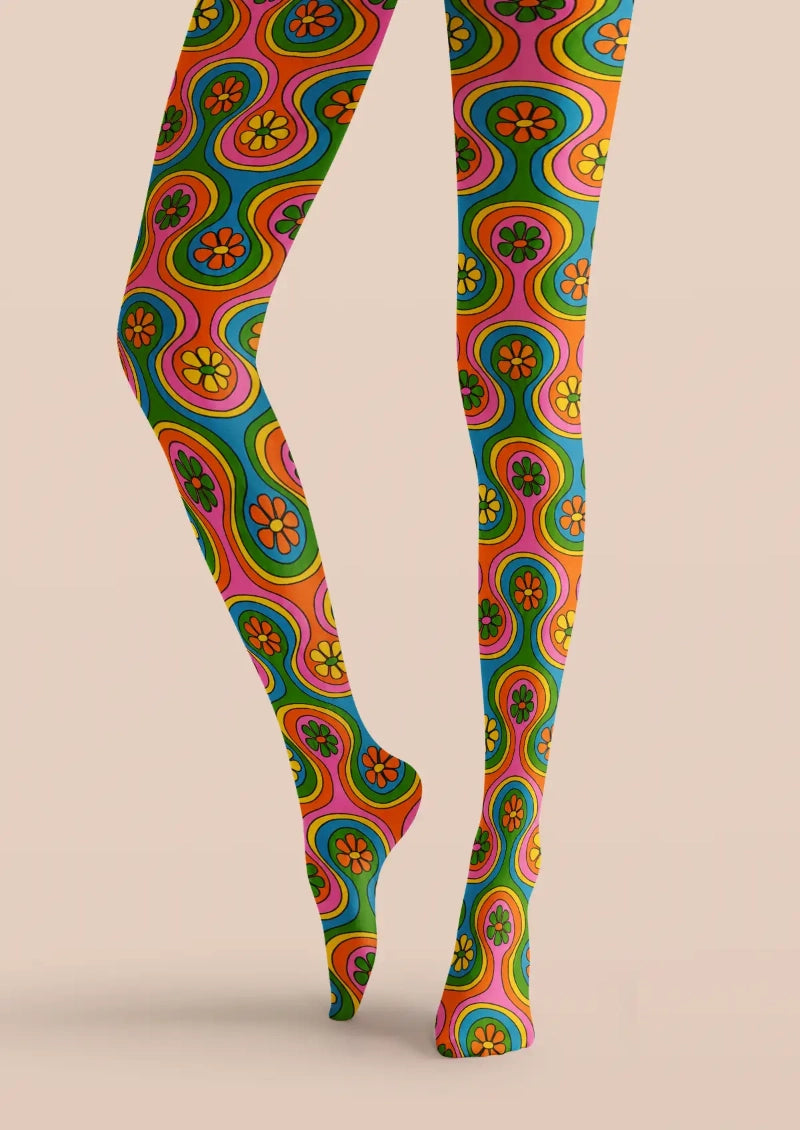 Retro Flower Power Floral Tights Hosiery Pantyhose