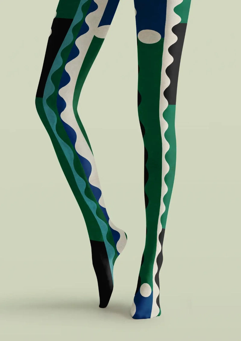 Green Wave Block Stripe Tights Hosiery Pantyhose