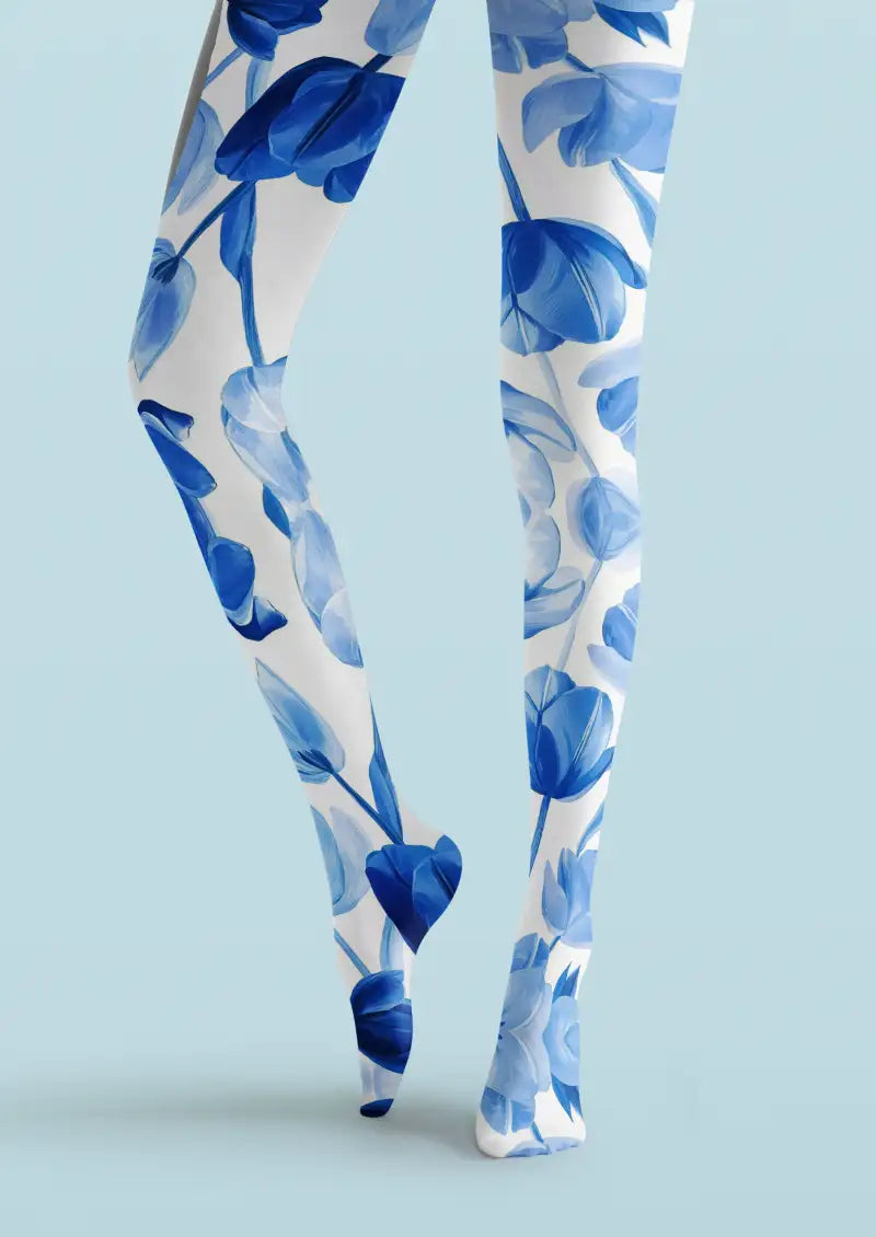 Blue Floral Print Tights Hosiery Pantyhose