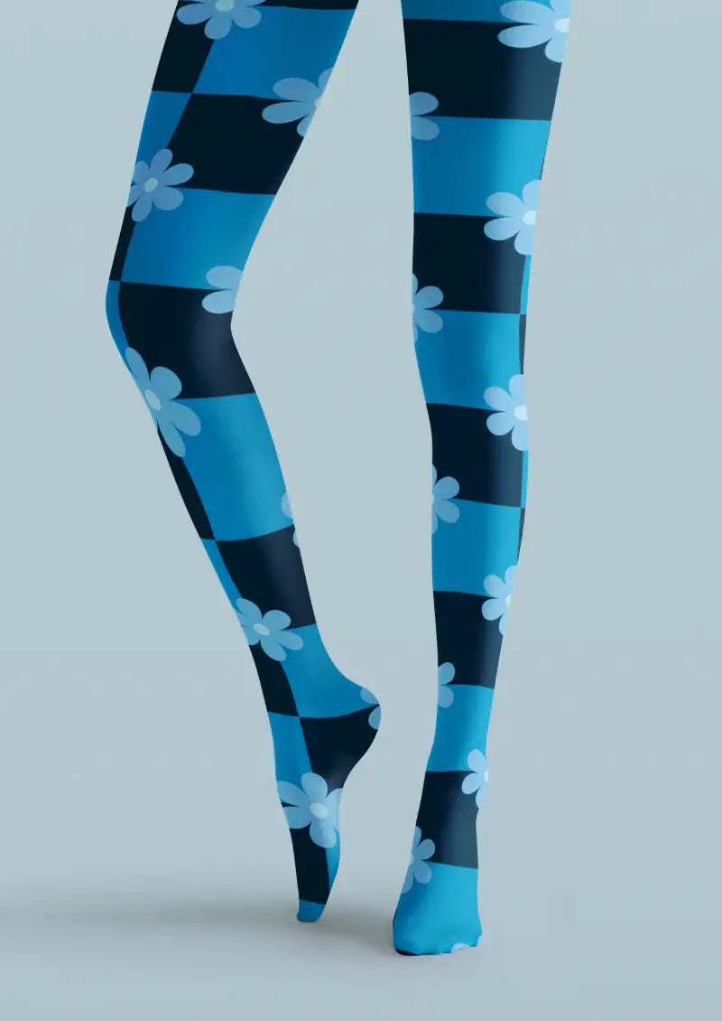 Blue Checker Daisy Tights Hosiery Pantyhose