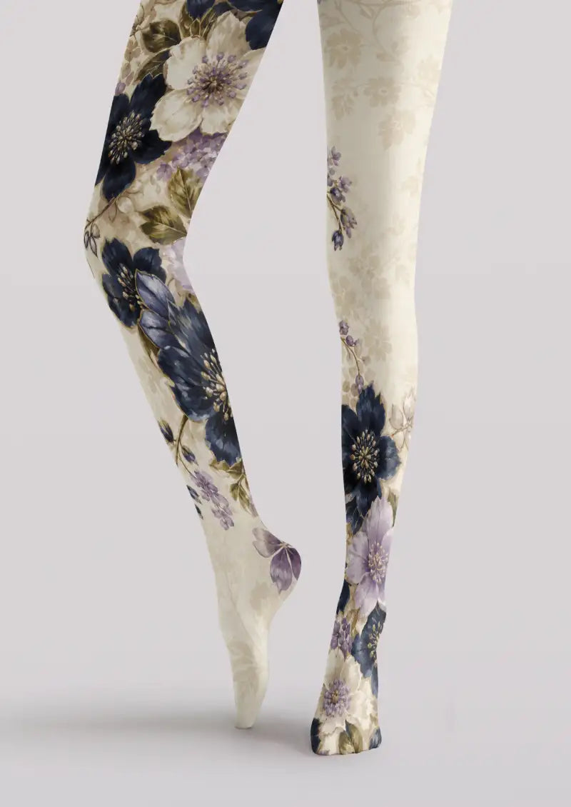 Midnight Garden Floral Print Tights Hosiery Pantyhose