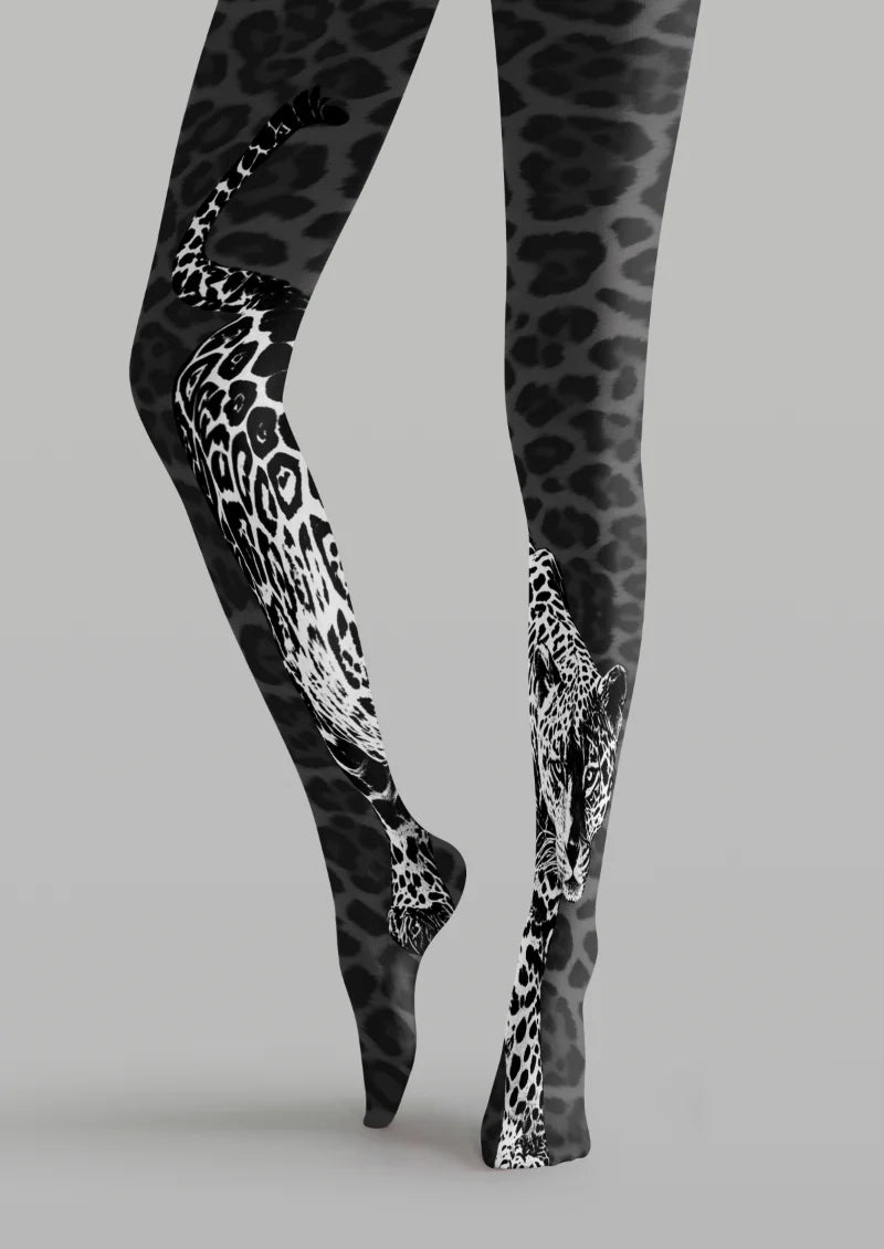 Black Gray Leopard Portrait Tights