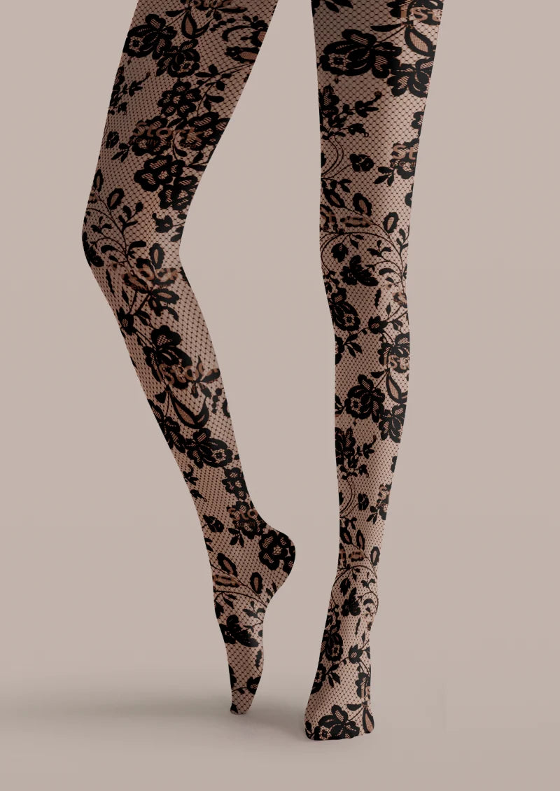 Black Rose Lace Print Tights