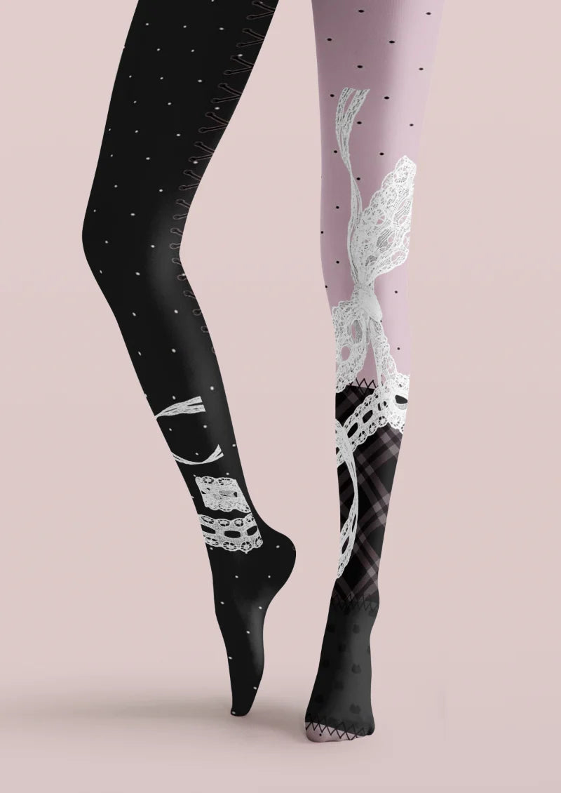 Black Pink Lace Bow Print Tights