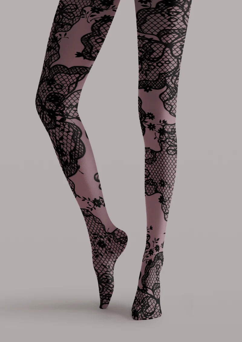 Purple Scalloped Lace Print Tights