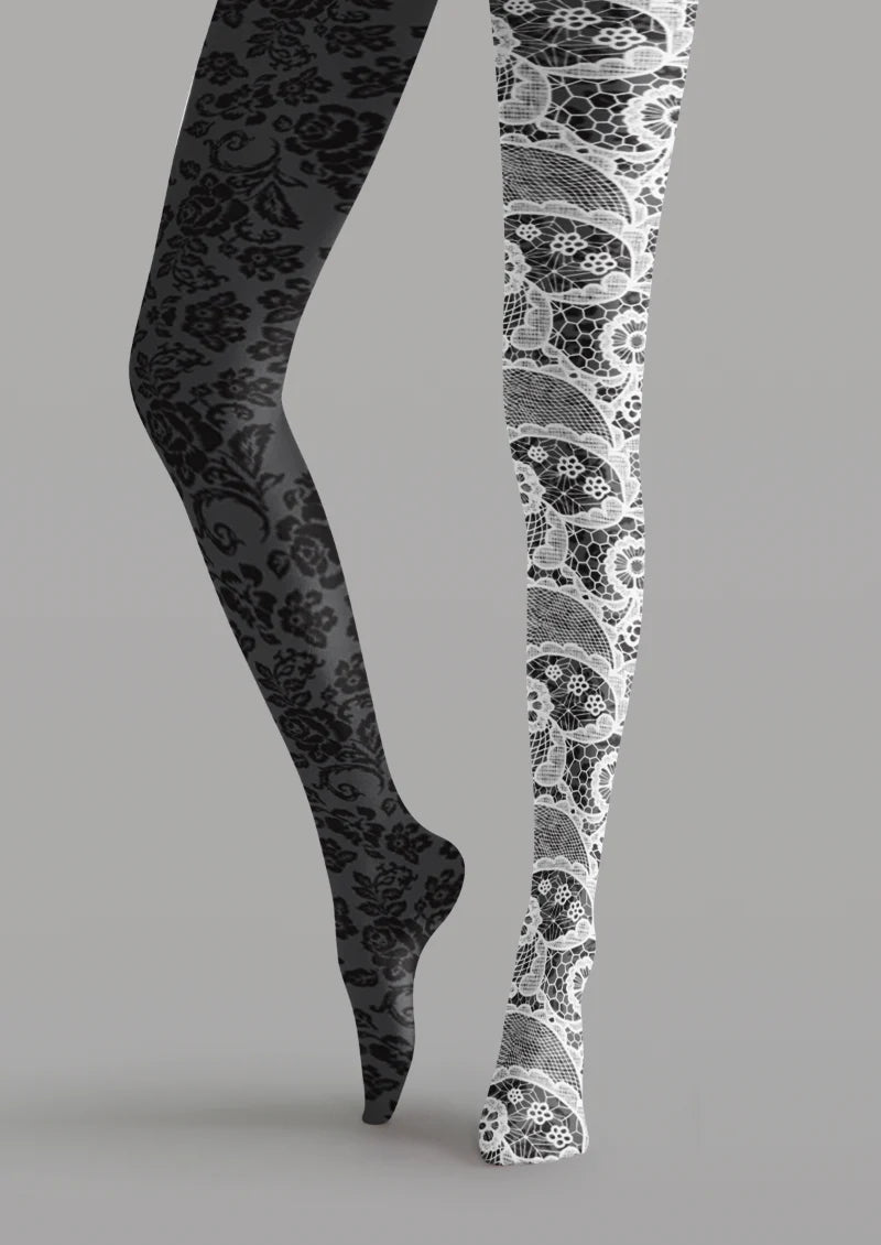 Printed tights with black floral motifs on a gray leg and white floral lace-effect patterns on a black leg.
