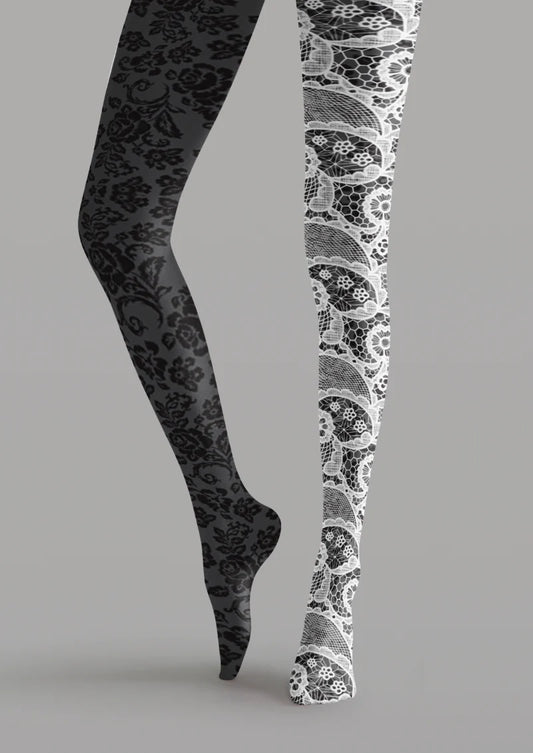 Printed tights with black floral motifs on a gray leg and white floral lace-effect patterns on a black leg.