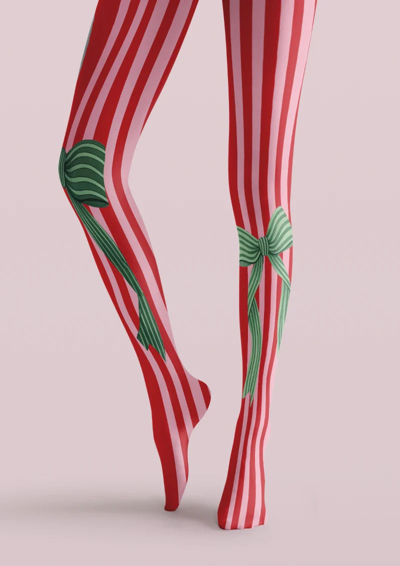 Red Pink Striped Bow Tights
