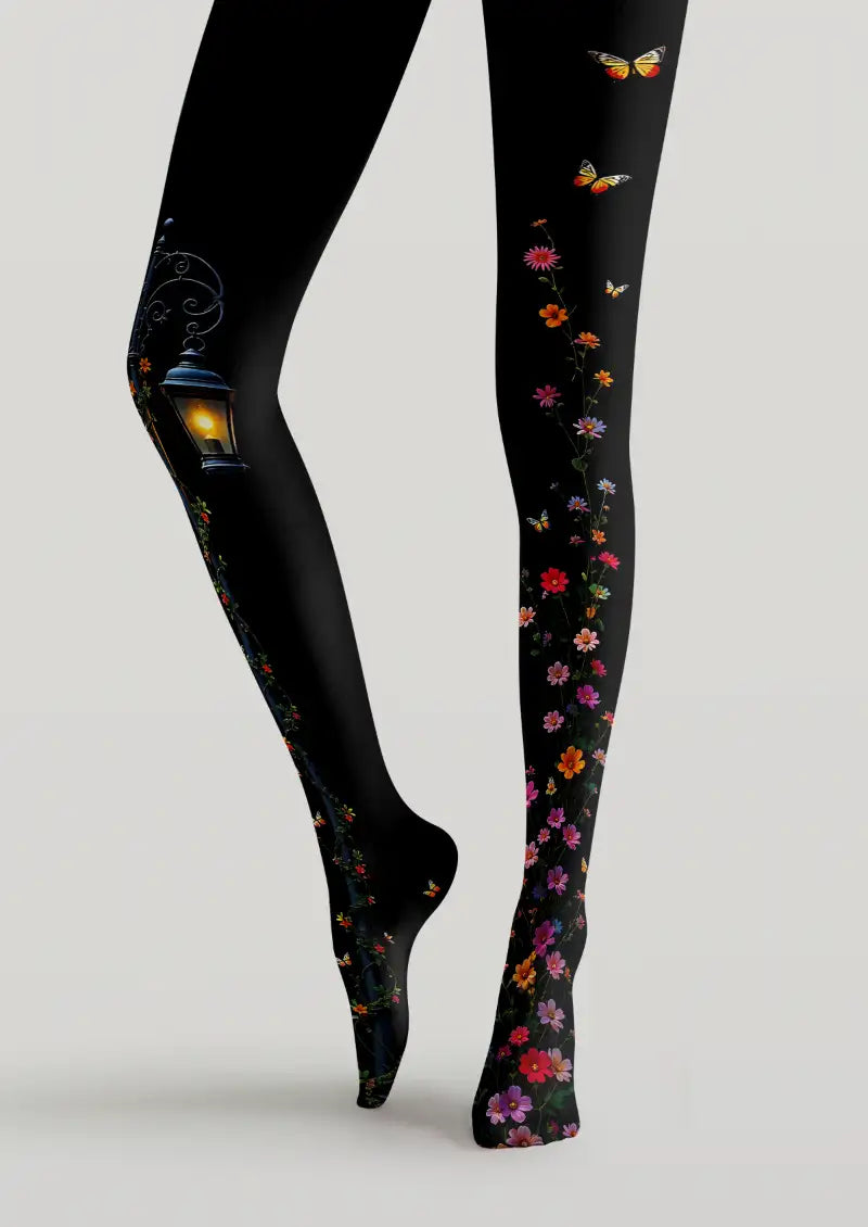 Black Floral Illustration Tights