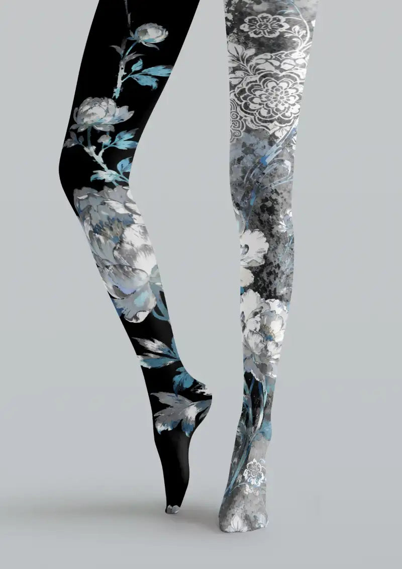 Black Blue Floral Tights