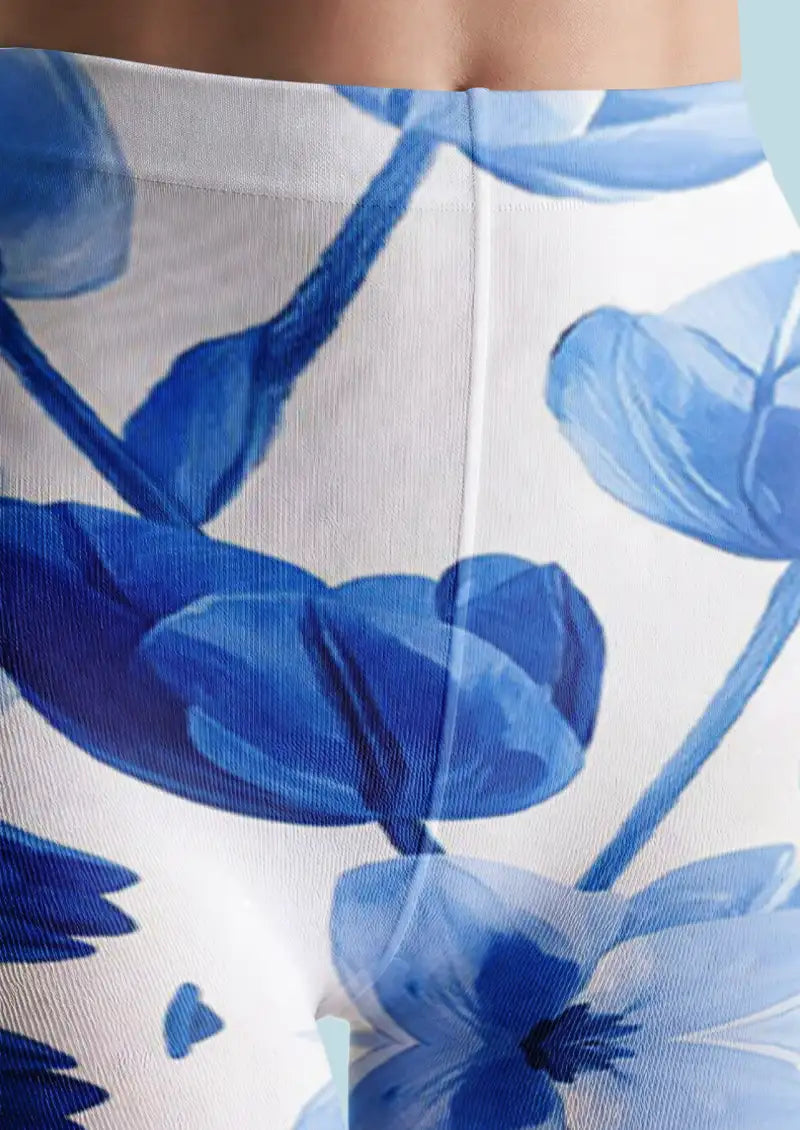 Blue Floral Print Tights Hosiery Pantyhose