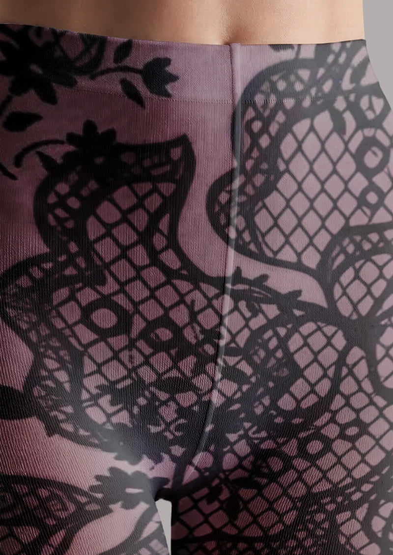 Purple Scalloped Lace Print Tights