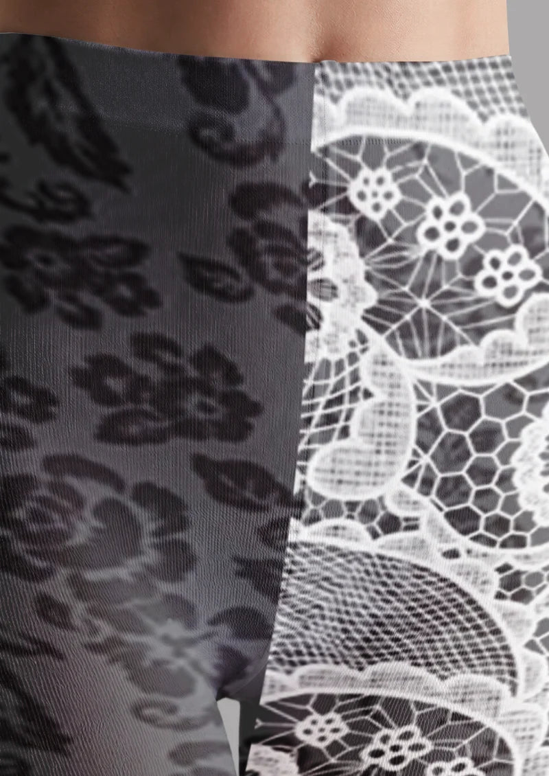 Black White Mismatched Floral Tights
