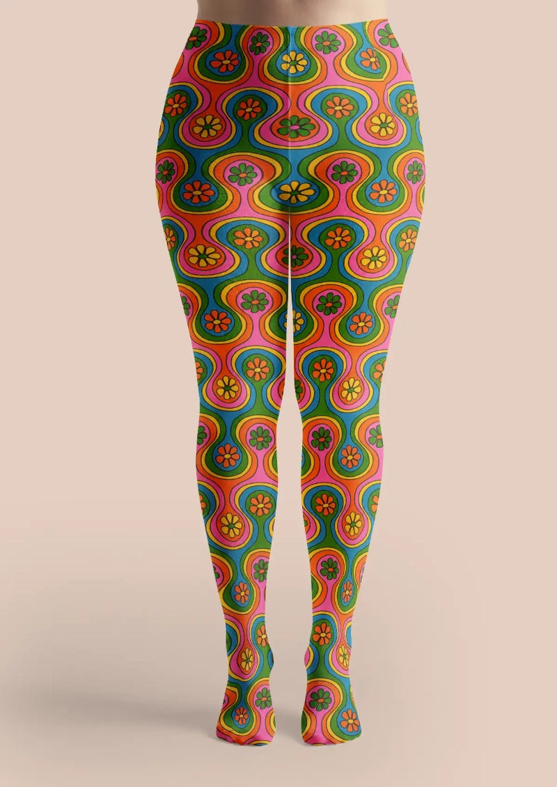 Retro Flower Power Floral Tights Hosiery Pantyhose