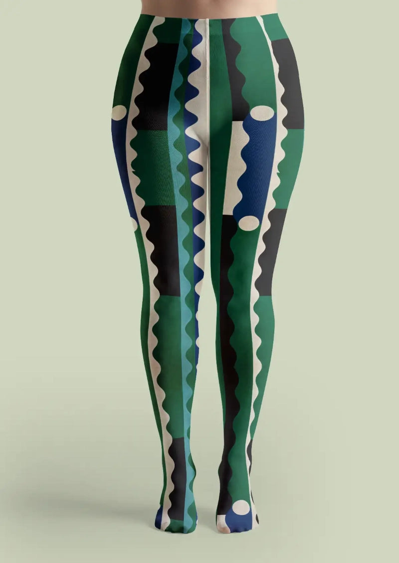Green Wave Block Stripe Tights Hosiery Pantyhose