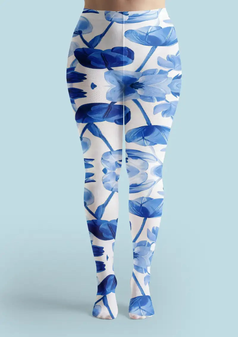 Blue Floral Print Tights Hosiery Pantyhose