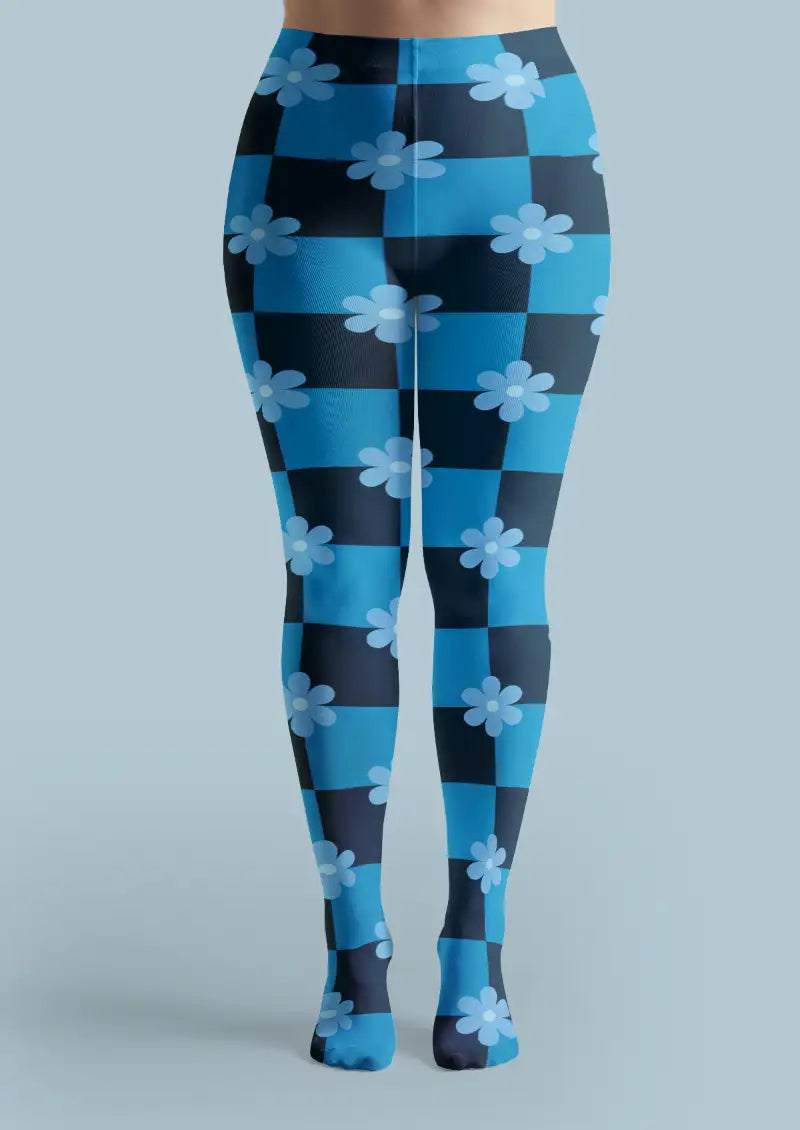 Blue Checker Daisy Tights Hosiery Pantyhose