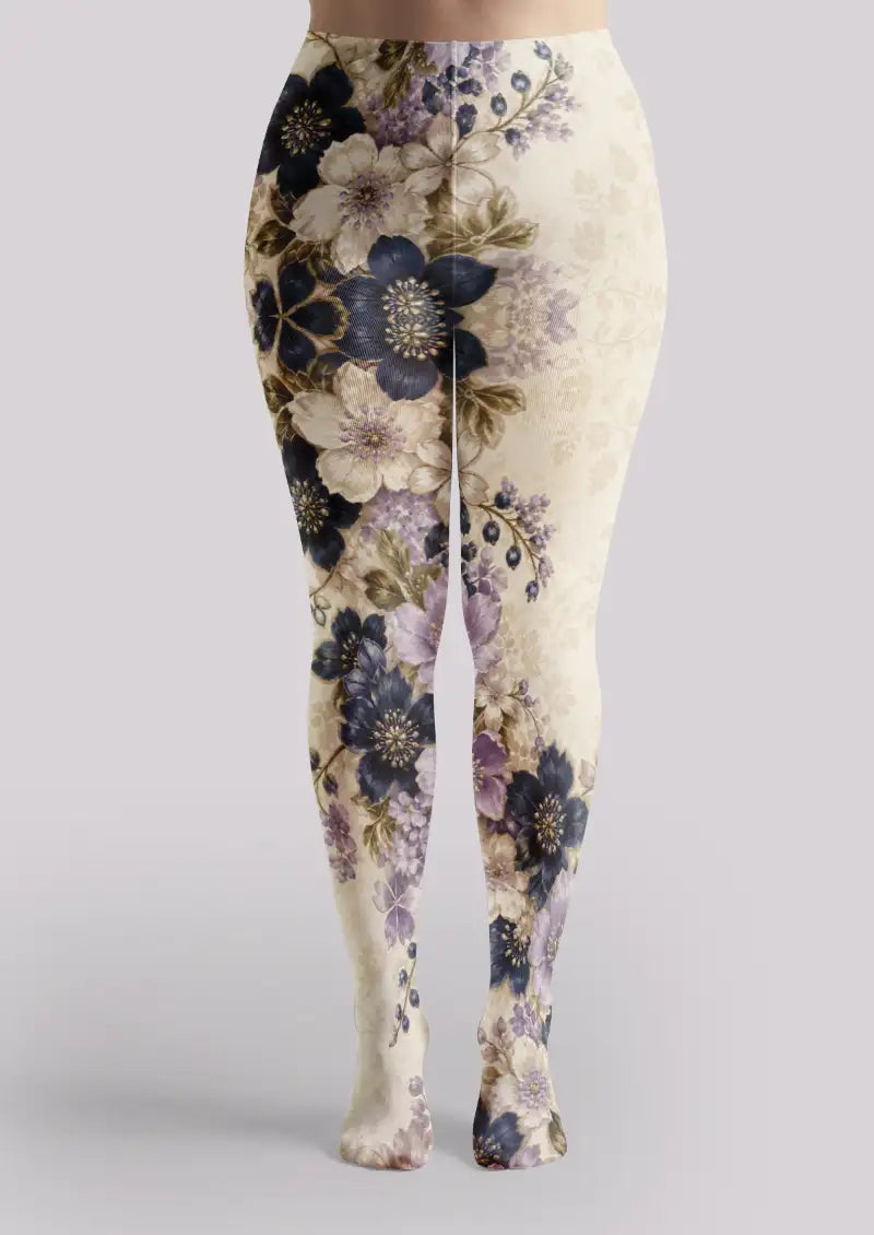 Midnight Garden Floral Print Tights Hosiery Pantyhose