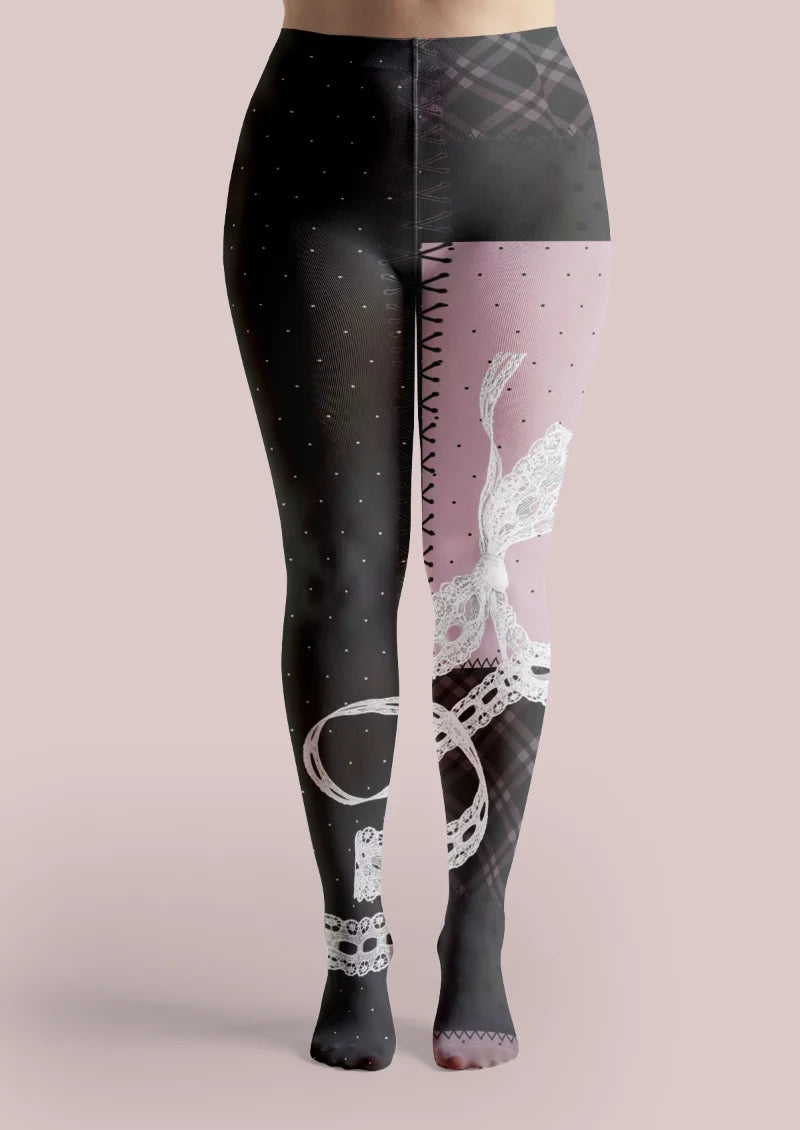 Black Pink Lace Bow Print Tights