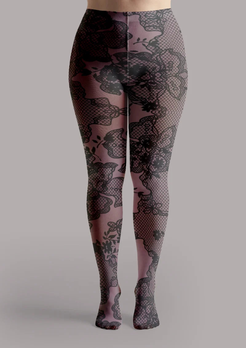 Purple Scalloped Lace Print Tights