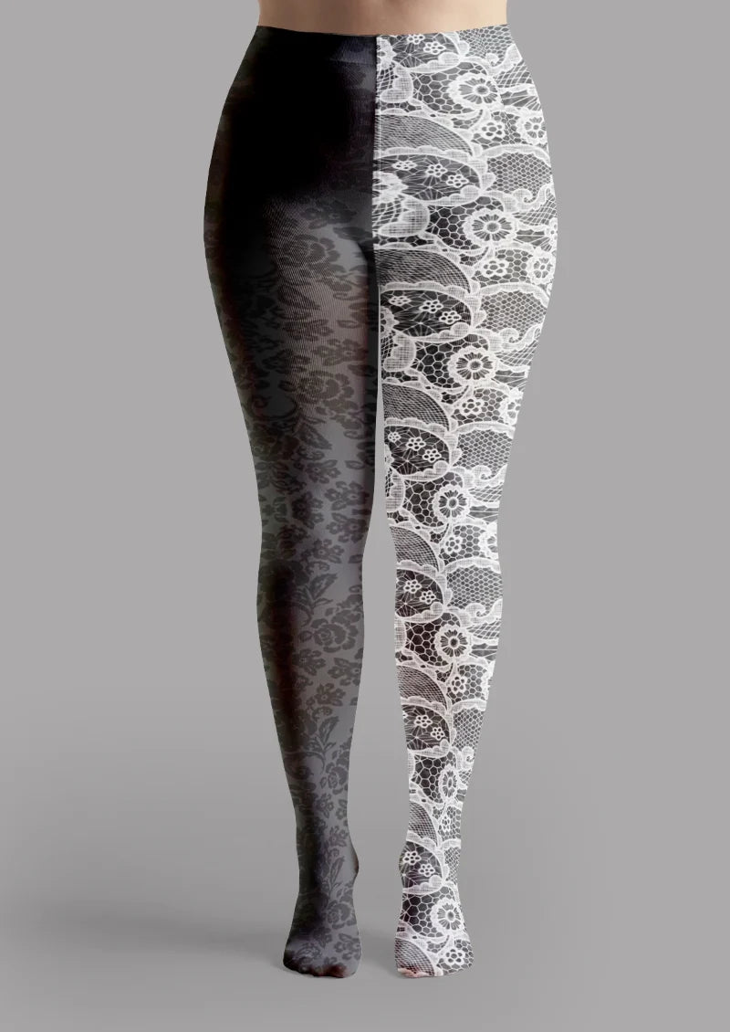 Black White Mismatched Floral Tights