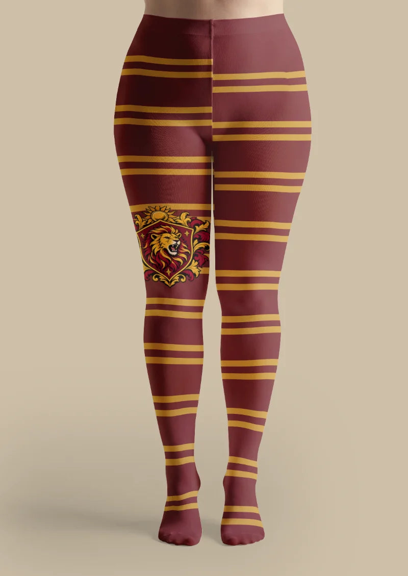 Burgundy Lion Crest Stripe Tights