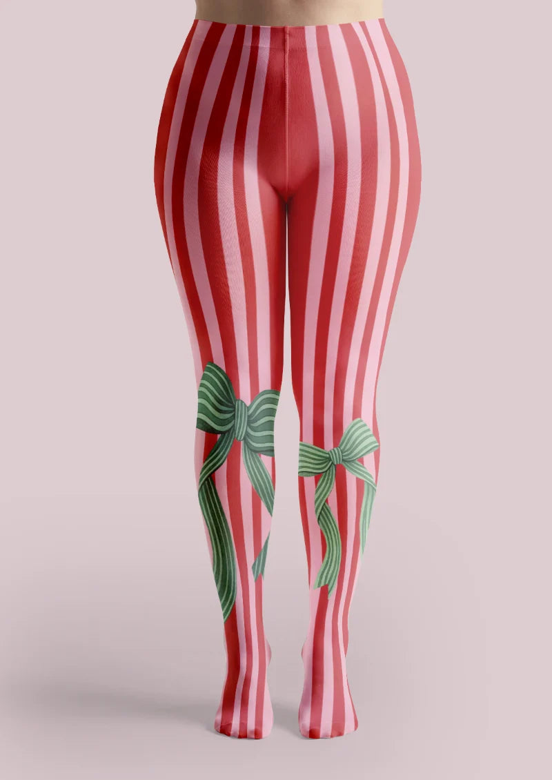 Red Pink Striped Bow Tights