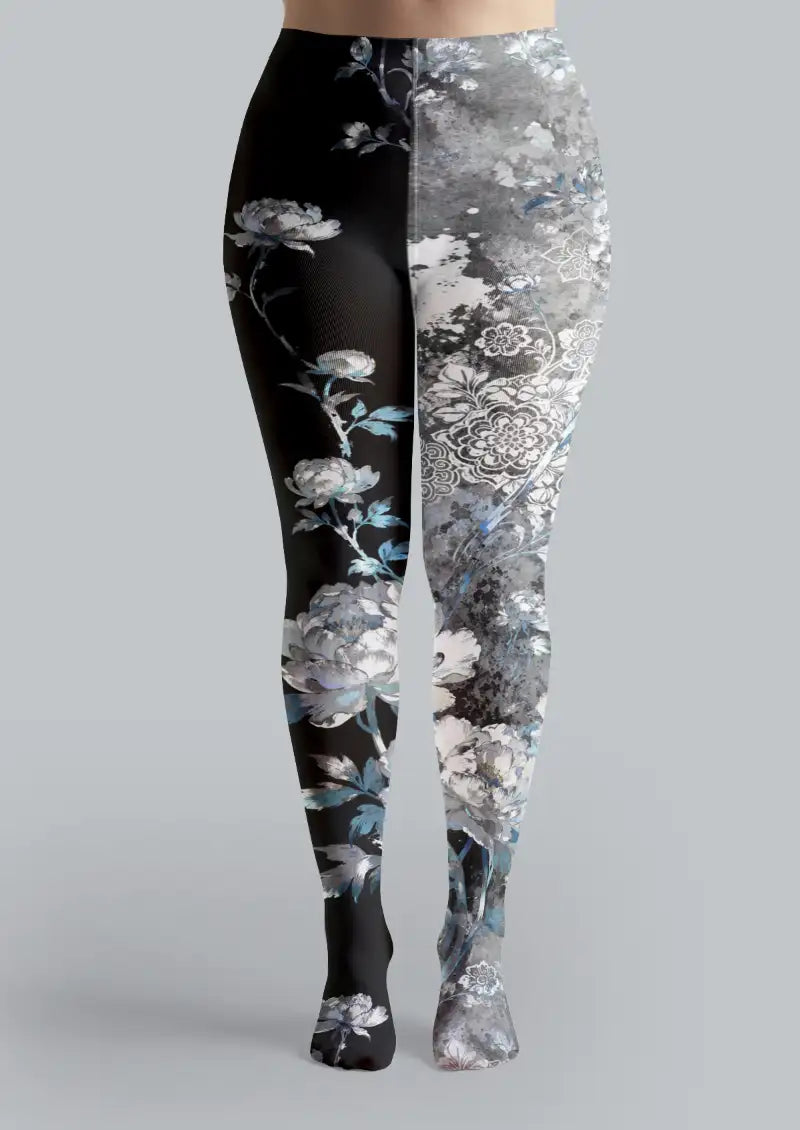 Black Blue Floral Tights