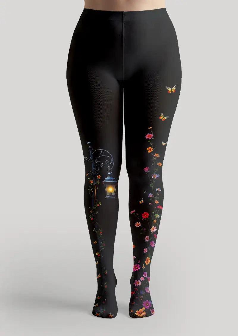 Black Floral Illustration Tights