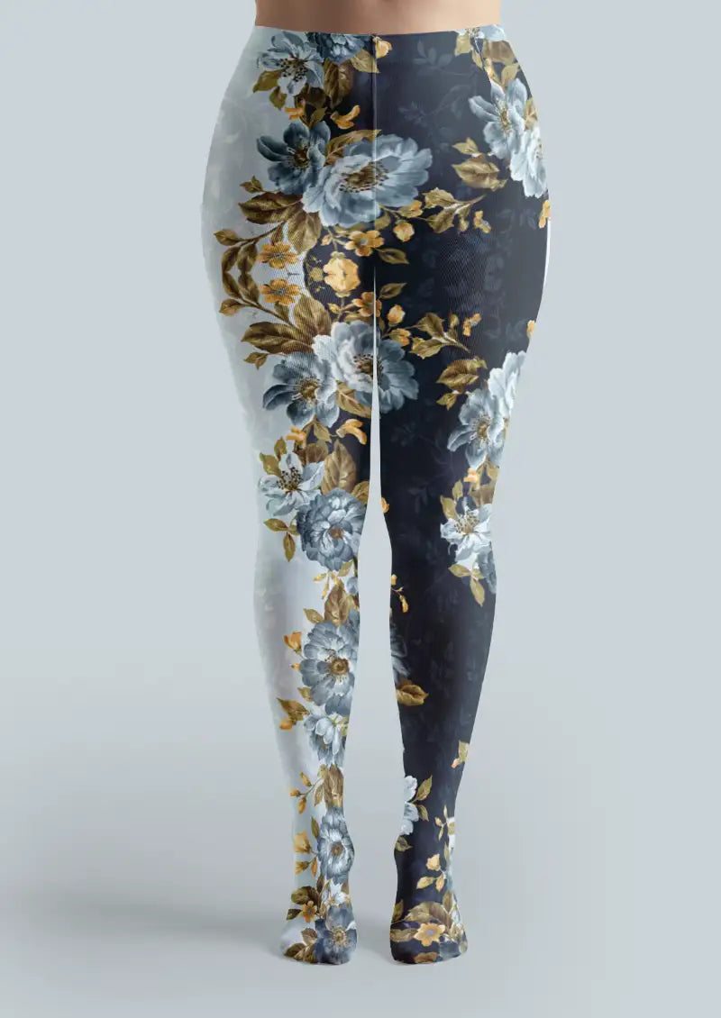 Blue Vintage Floral Print Tights Hosiery Pantyhose