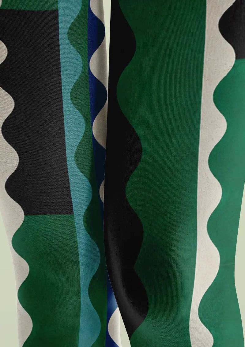 Green Wave Block Stripe Tights Hosiery Pantyhose