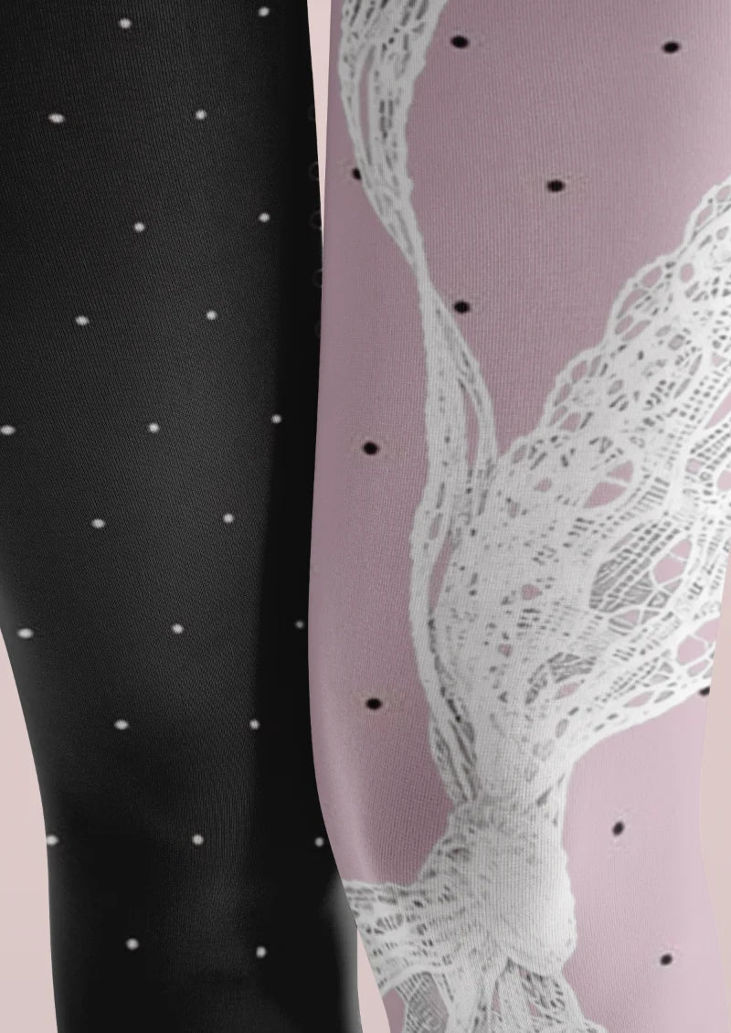 Black Pink Lace Bow Print Tights