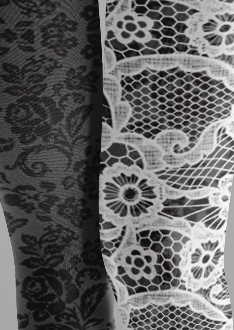 Black White Mismatched Floral Tights