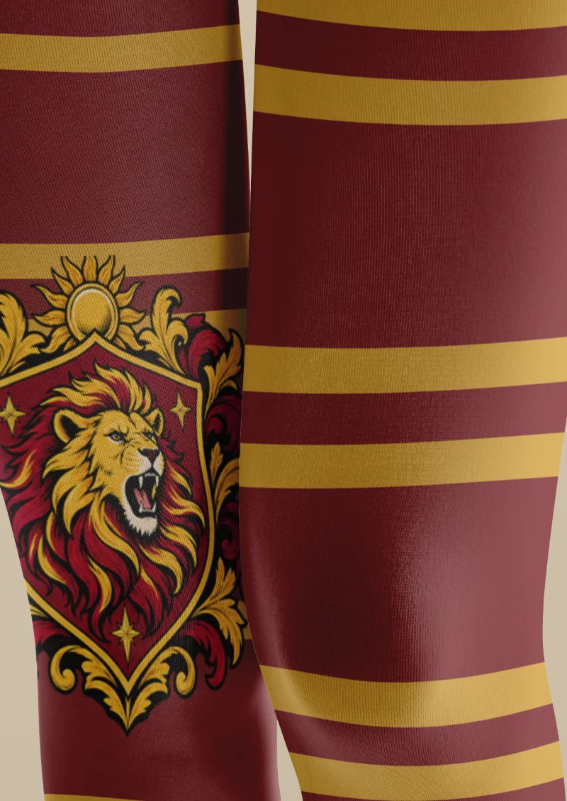 Burgundy Lion Crest Stripe Tights