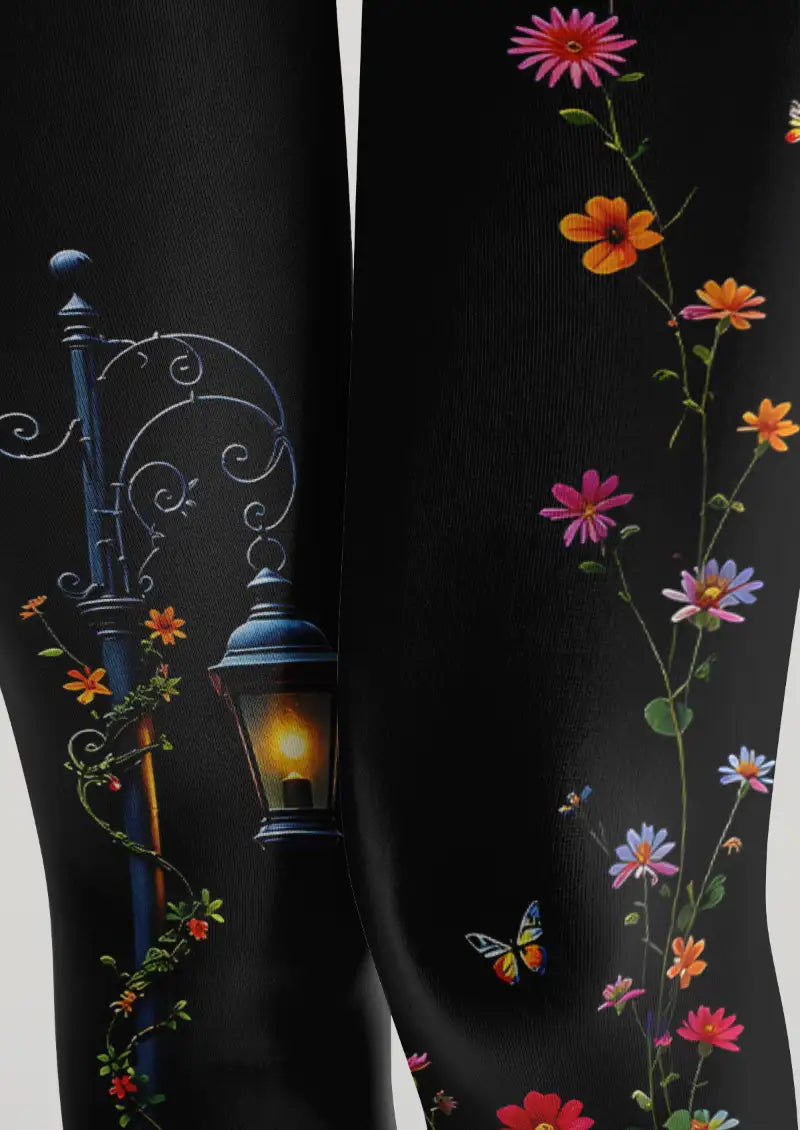 Black Floral Illustration Tights