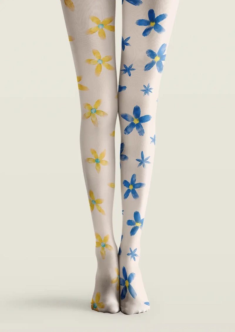 Blue Yellow Daisy Floral Tights Hosiery Pantyhose