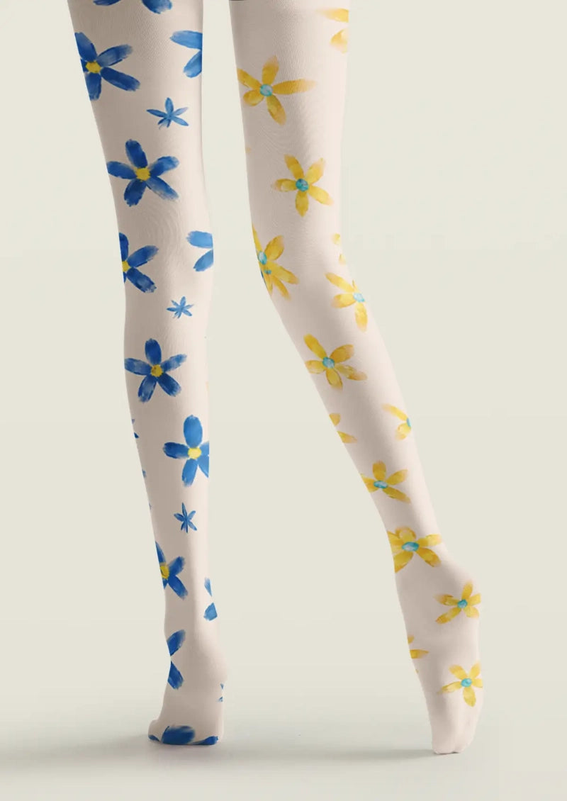 Blue Yellow Daisy Floral Tights Hosiery Pantyhose