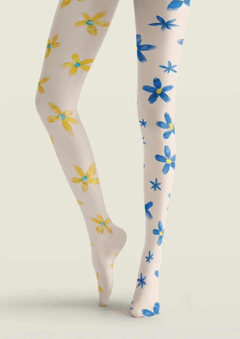 Blue Yellow Daisy Floral Tights Hosiery Pantyhose