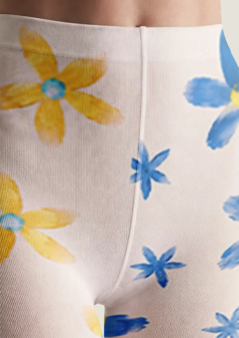 Blue Yellow Daisy Floral Tights Hosiery Pantyhose
