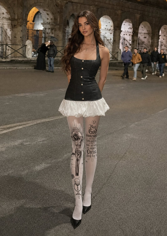 Model wearing Black Religious Gothic Tattoo Scripture Tights in a styled outfit